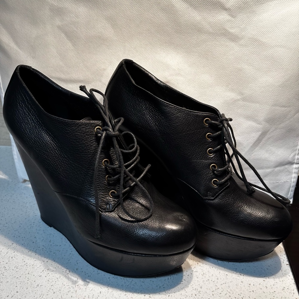 Prada Black Wedge Shoes with Lace-Up Design